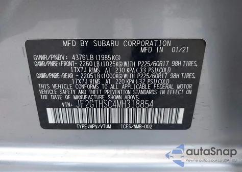 2021 Subaru Crosstrek Sport z USA, uszkodzony, nr VIN JF2GTHSC4MH318854